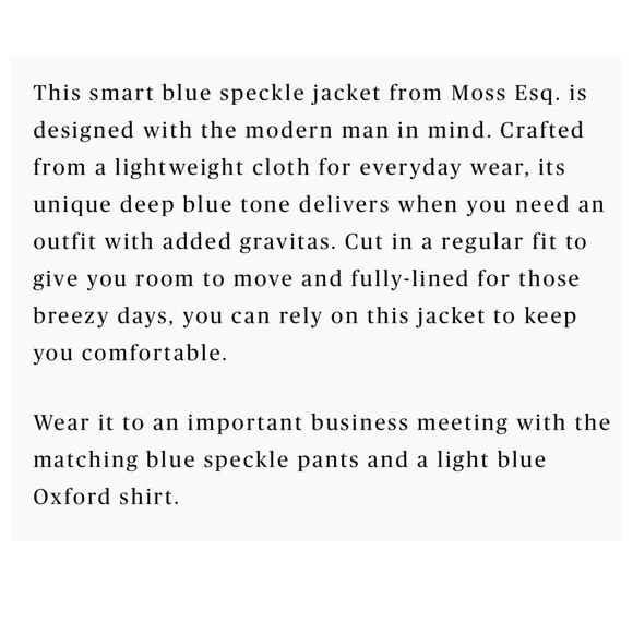 NWOT Moss Bros. Esq. Regular Fit Blue Speckle Suit Jacket Blazer Size EU 66
